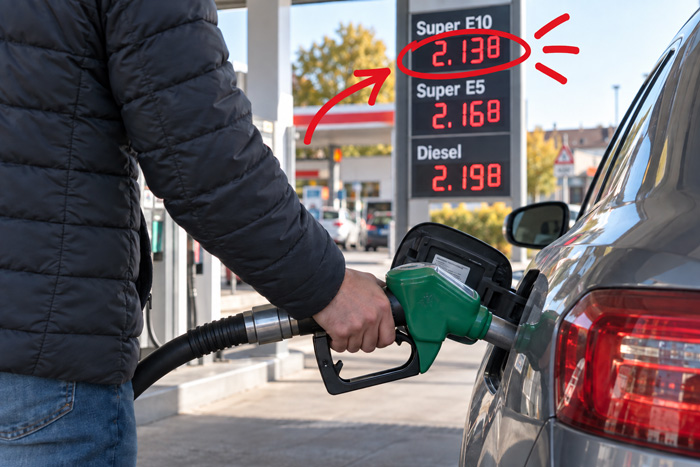 Automobiliste faisant le plein dans une station-service allemande, avec les prix du carburant affichés