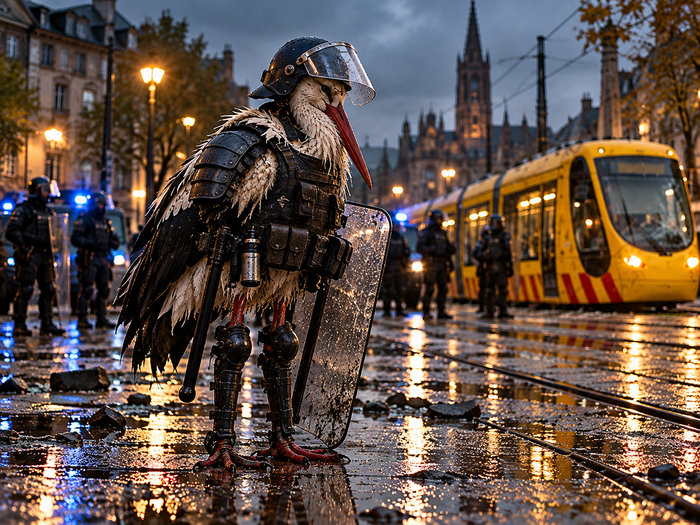 Illustration symbolique d'une cigogne alsacienne équipée pour le maintien de l'ordre, dans une rue de Mulhouse avec un tramway jaune.