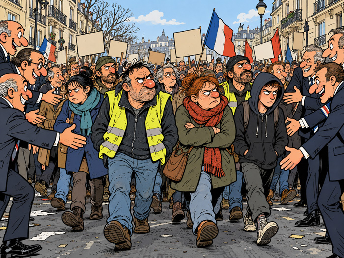 Illustration satirique de manifestants en gilets jaunes ignorant des responsables politiques qui cherchent à les approcher