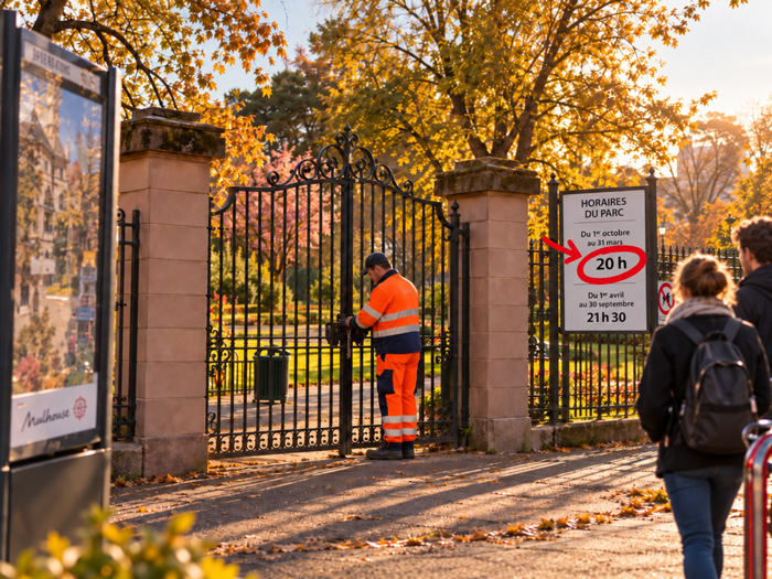 Agent municipal fermant le parc Salvator à Mulhouse au début des horaires d’hiver