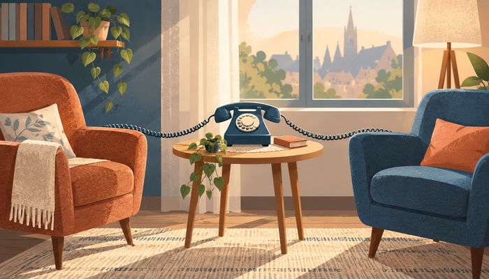 Illustration de deux fauteuils reliés par un téléphone, symbole de la lutte contre l’isolement des seniors à Mulhouse.