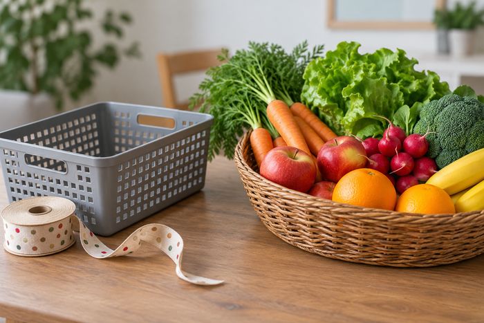 Illustration symbolique : un panier d'articles pour la maison à côté d'un panier de fruits et légumes.