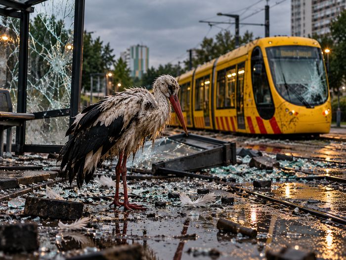Cigogne alsacienne au plumage souillé, devant un tramway jaune et des vitrines brisées, dans une rue jonchée de débris.
