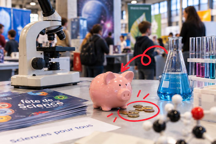 Illustration d’un laboratoire scientifique avec une tirelire et des pièces, évoquant les difficultés de trésorerie de la Nef des sciences à Mulhouse