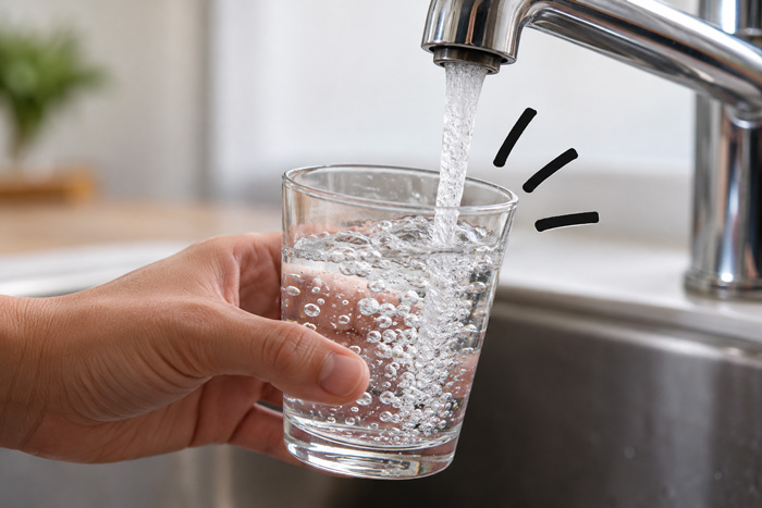 Une main tient un verre d’eau sous un robinet, illustration des PFAS dans l’eau potable à Saint-Louis