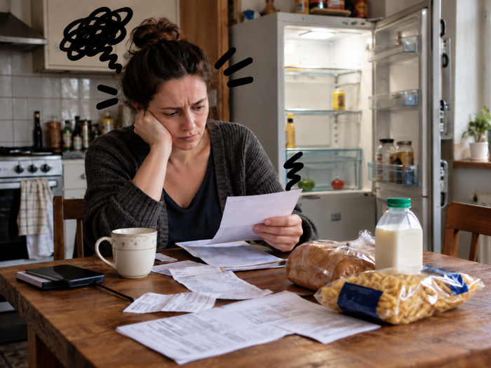 Une femme inquiète examine une facture dans sa cuisine, devant un réfrigérateur presque vide et quelques produits alimentaires.