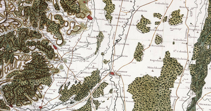 Extrait de la carte de Cassini situant Issenheim et les routes du secteur de Guebwiller