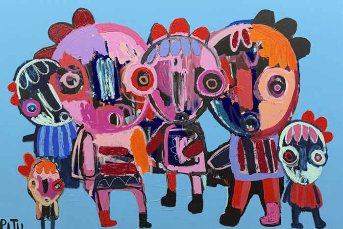 Peinture de PITU représentant plusieurs personnages aux grands yeux, roses et orangés, sur fond bleu.