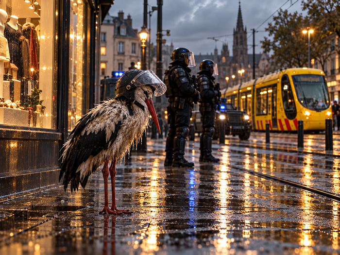 Illustration photoréaliste d'une cigogne casquée, devant un commerce de Mulhouse, avec deux policiers et un tram jaune sous la pluie