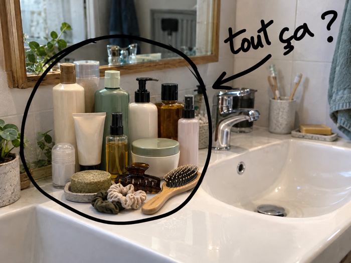 Flacons de shampoing et produits capillaires sur un lavabo, entourés d’une annotation au marqueur noir.